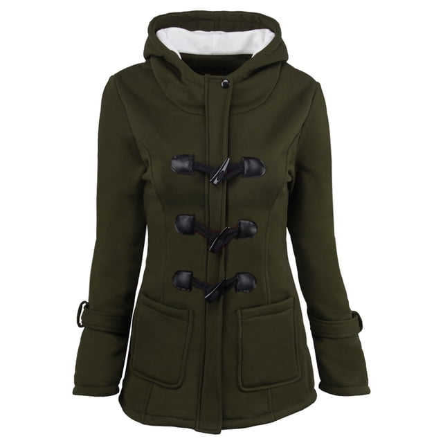 Fiogavroetic Women Color Horn Buttons Cardigan Padded Hooded Coat Jacket Overcoat
