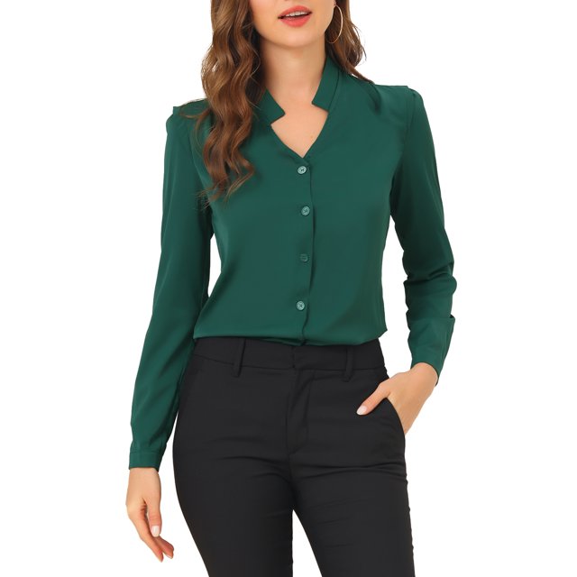 INSPIRE CHIC Chemise Élégante à Manches Longues Col en V pour Femmes P Vert