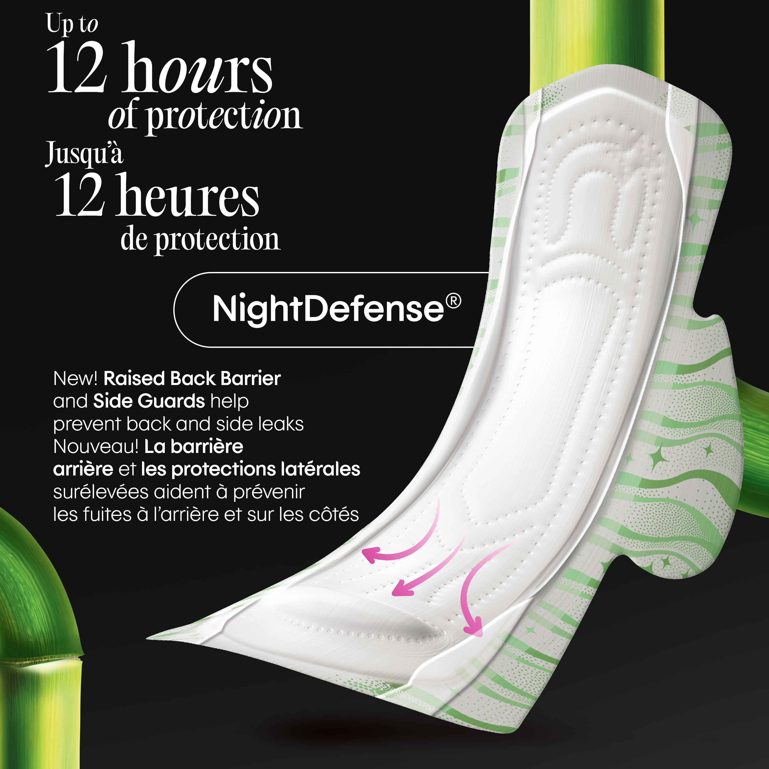 Serviettes ultraminces de nuit Kotex Bamboo avec ailes, 36 unités