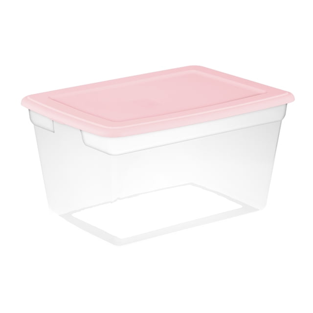 Sterilite 55 Liter Storage Box, Clear Plastic Storage Bin with Snap-on Lid, Pink