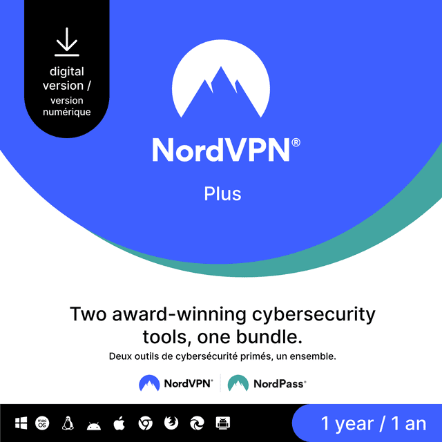 NordVPN Plus 1-Year Cybersecurity Package digital code banner with blue and teal curved design, featuring the NordVPN mountain logo and text highlighting two award-winning cybersecurity tools bundled: NordVPN and NordPass, compatible with Windows, macOS, Linux, Android, iOS, and major browsers.