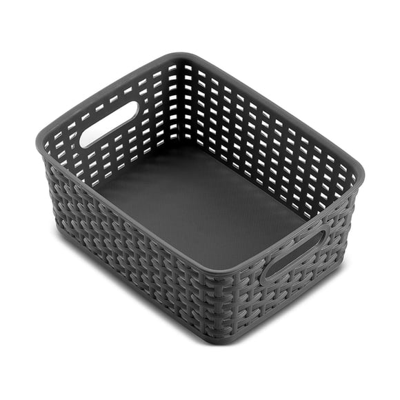 Panier de Rangement Tressé en Plastique, Poignées Découpées pour Cuisine et Salle de Bain, Noir