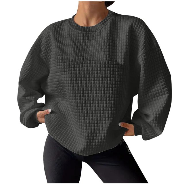 Pisexur Chandail en Molleton Femme Décontracté Ample Automne Chandails en Molleton pour Femmes Couleur Unie Col Rond Chandail en Molleton Manches Longues Chemises pour Femmes Mode Chandail en Molleton Texturé Uni Chandail Tops