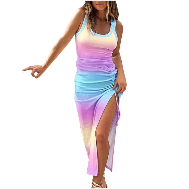QIPOPIQ Women's High Split Sleeveless Square Neck Gradient Bodycon Long Tank Dress Thigh Drawstring Split Midi Dress