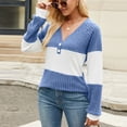 thumbnail image 4 of Lenpel Women's Tunic Tops Long Sleeve V Neck Quarter Button Color Block Ribbed Knit T Shirts Casual Loose Lightweight Sweaters(Sky Blue,Small), 4 of 7