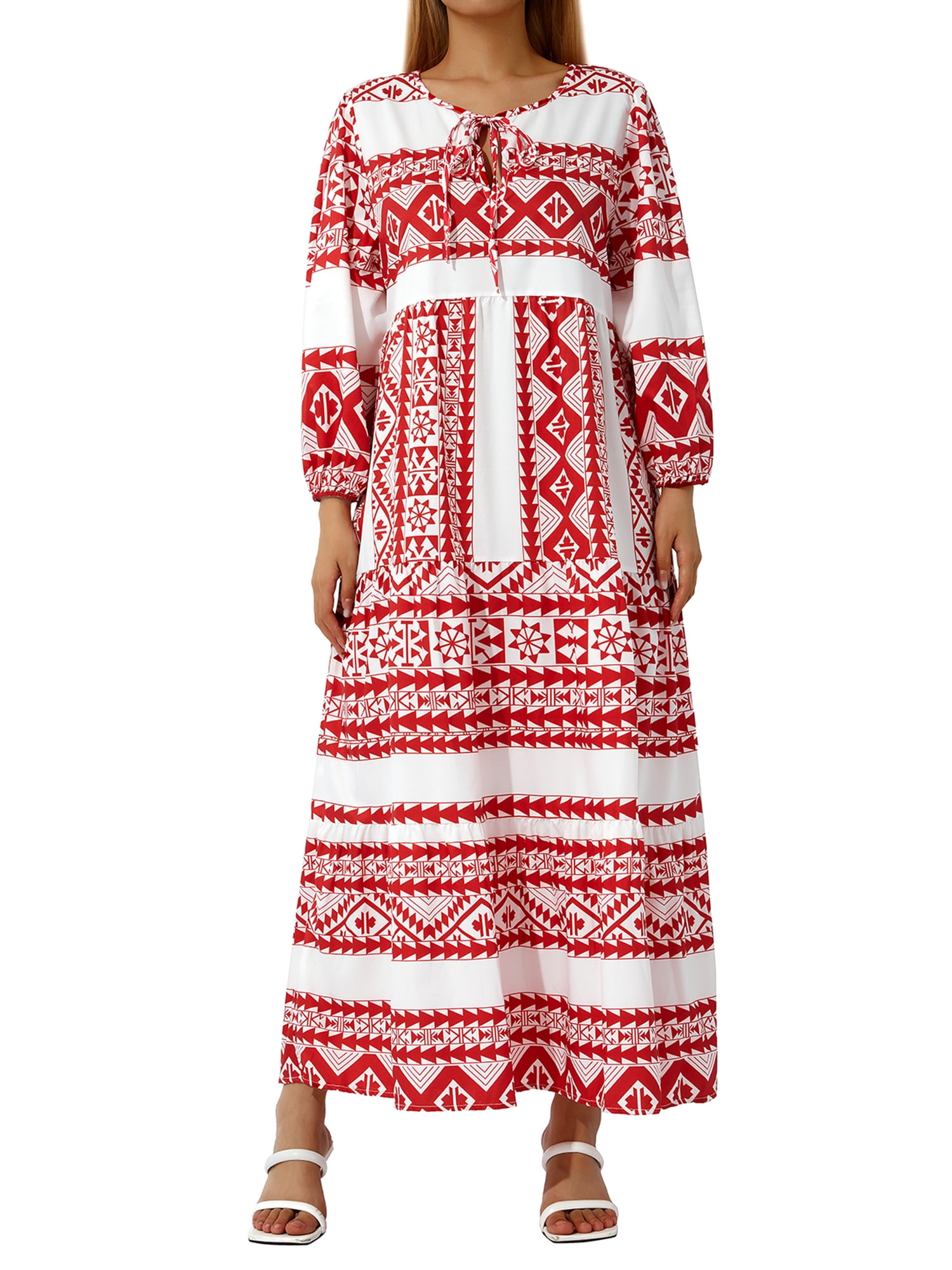 Kmbangi Robe Longue pour Femmes à Imprimé Géométrique, Col en V, Manches Longues Bouffantes, Coupe Ample, Robe Mode pour le Printemps et l'Été