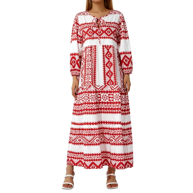 Kmbangi Robe Longue pour Femmes à Imprimé Géométrique, Col en V, Manches Longues Bouffantes, Coupe Ample, Robe Mode pour le Printemps et l'Été