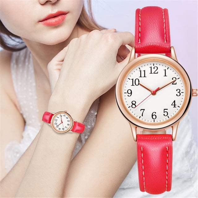 Sleek Minimalist With Strap Dial Women‘s Quartz Leather Watch, featuring a white analog dial with black numerals, rose gold-tone case, and a vibrant red leather strap. Highlighted on a woman's wrist and in a close-up view, this elegant gift watch is ideal for mothers, lovers, and versatile for any occasion.
