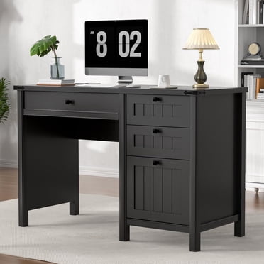 FIAKOA Bureau Exécutif de 45 Pouces, Bureau d'Ordinateur Style Ferme Moderne avec Tiroirs et Armoire, Bureau de Bureau à Domicile Espace d'Écriture pour le Travail et les Études, Noir
