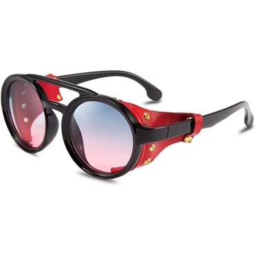 FEISEDY Retro Round Steampunk Sunglasses Women Men Vintage Eyewear Light Plastic Frame with Leatherwear B2532