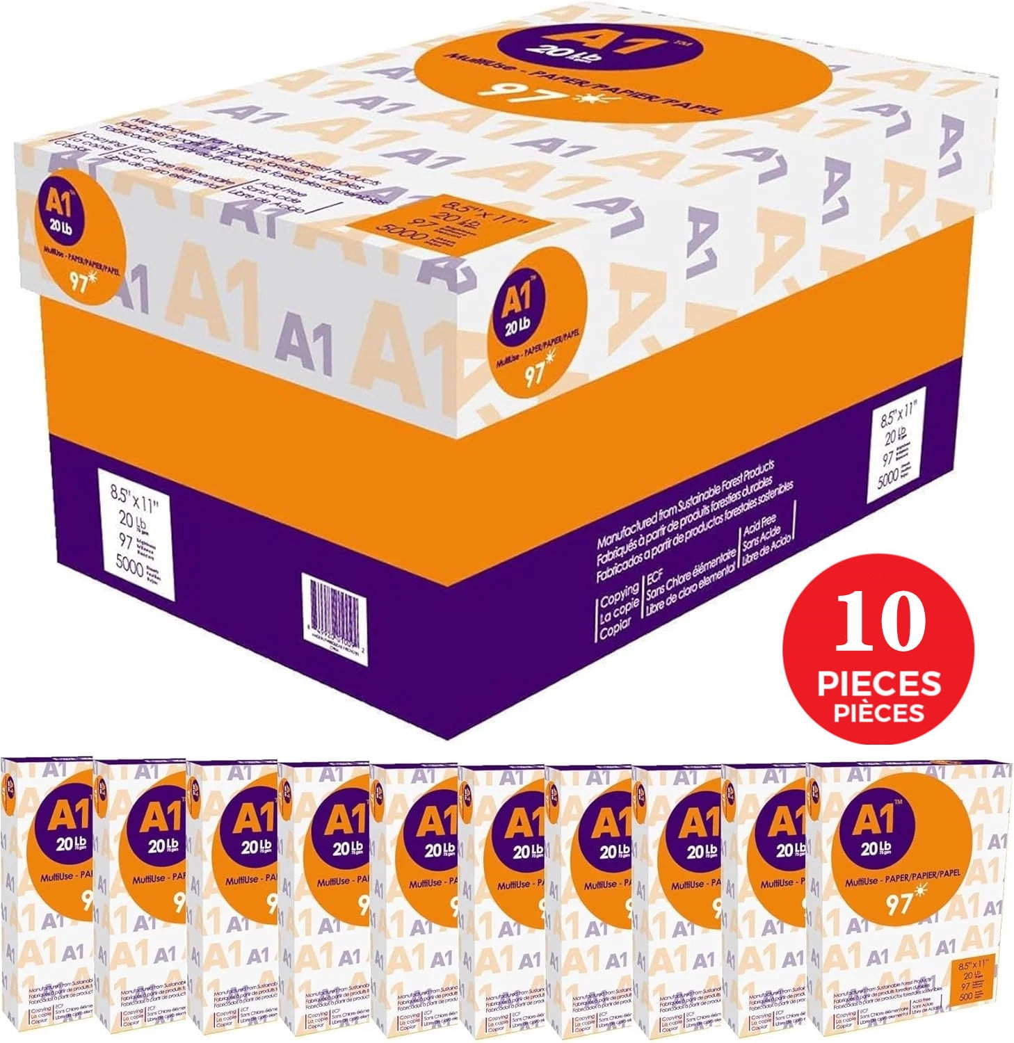 5000 Feuilles A1 Papier de copie multifonction, Papier pour imprimante Laserjet et Inkjet, Fax, Photocopie, 97 Luminosité, 20 lb, 8,5" x 11" - 10 Ramettes (500 Feuilles/Ramette)