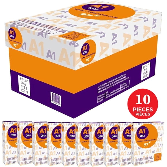5000 Feuilles de Papier A1 Polyvalent pour Copie et Imprimante, Papier pour Imprimante Laserjet/jet d'Encre, Fax et Photocopie, Blancheur 97, 20 lb, 8,5 Pieds' x 11 Pieds' - 10 Rames (500 Feuilles/rame)