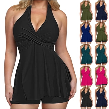 VBTAPA Tankini pour Femme Deux Pièces 2025 Maillot de Bain à Dos Nu Col en V avec Short Contrôle du Ventre Maillot de Bain Modeste Liquidation Bleu G