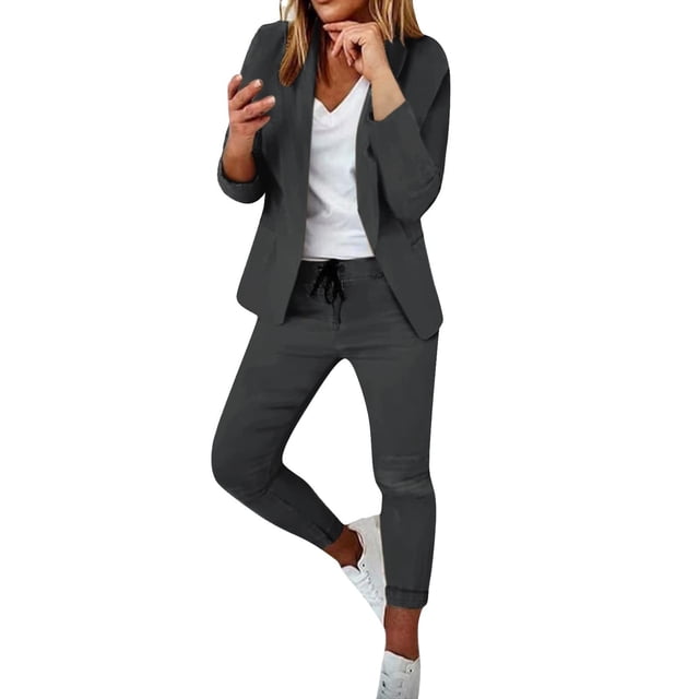 Womens Business Work Suit Set Long Sleeve Open Front Blazer with Slim Fit Suit Pants Basic Work Office Formal Suit Sets