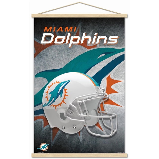 NFL Miami Dolphins - Affiche Murale Casque 18, art Mural Encadré 14,725 Pouces x 22,375 Pouces Montrant un Casque de football Blanc Orienté vers l'Avant avec le logo des Miami Dolphins d'Un Dauphin Sarcelle et d'Un Soleil orange sur un Fond Foncé Texturé avec de Grands Graphiques de Dauphins Sarcelle et orange et un Texte « Miami Dolphins » en Blanc et orange, Convient à la Déco de la Maison et aux Chambres de Fans de Sport
