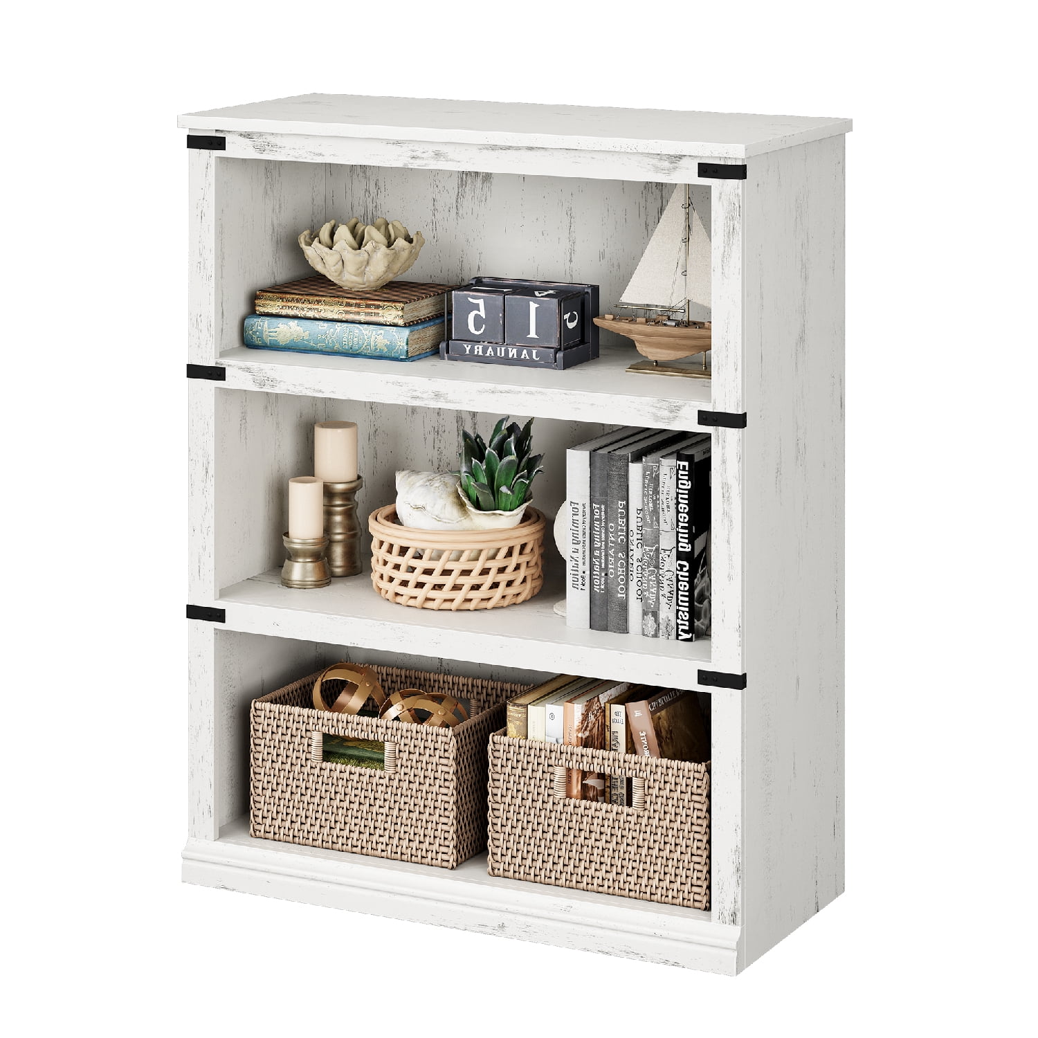 Aoile 3 Tier Bookcase, 43.3" Farmhouse Book Shelf with Storage Open Display Bookshelves Living Room, Bed Room, White
