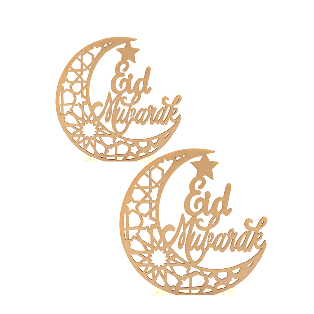 Paquet Double : Panneau Lune Eid Mubarak Bricolage Présentant Deux Motifs de Lune en Croissant en Bois Découpés au Laser avec des Motifs d'Étoiles Complexes et le Texte « Eid Mubarak ». Chaque Panneau Mesure 20 cm x 20 cm x 0,22 cm et Comprend une base de Table pour Affichage Indépendant. Idéal pour des Projets de Déco Maison Festifs Bricolage.