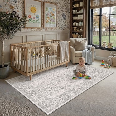 BERTHMEER Tapis Gris 120 X 180 cm pour Chambre, Entrée, Buanderie, Dortoir, Lavable, Antidérapant, Style Vintage, Traditionnel, Oriental, Rétro, Aspect Vieilli, Jeté de Canapé, Moquette d'Intérieur