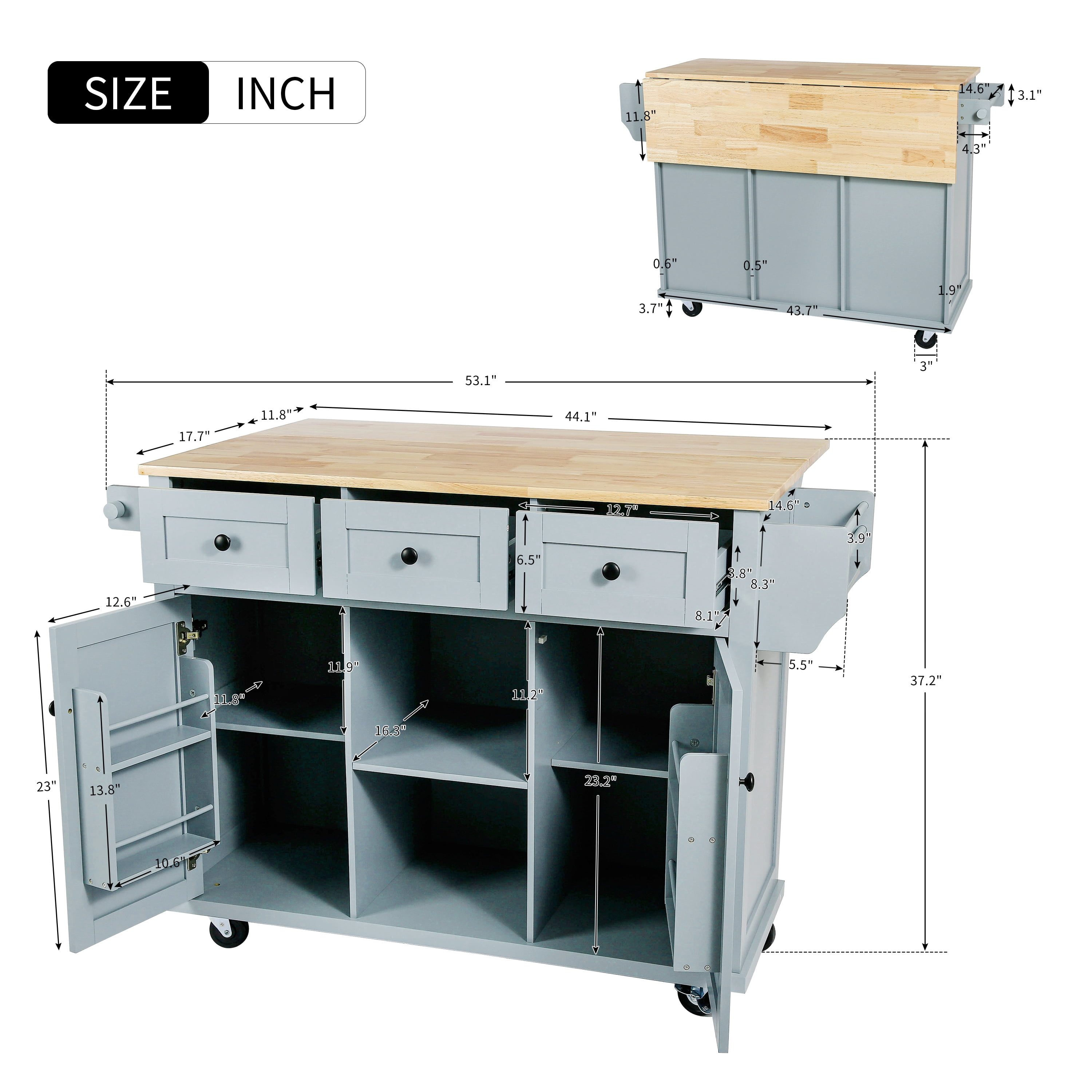 Îlot de cuisine Homy Casa, plateau pliable, 3 tiroirs, rangement, bleu