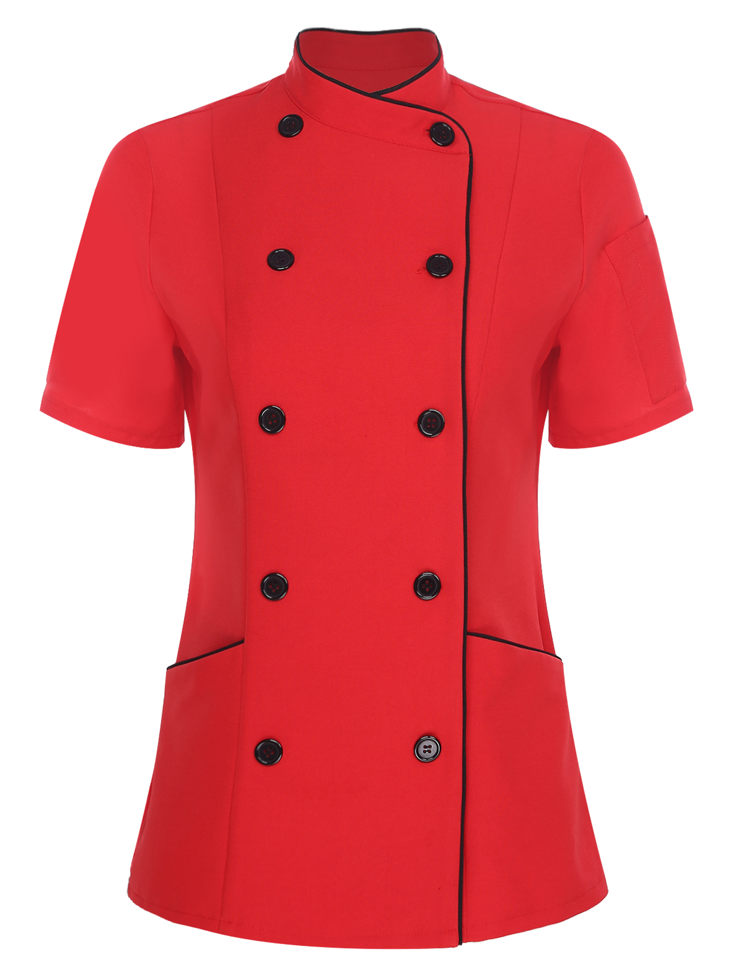 renvena Women's Short Sleeve Cross Collar Chef Coat Double Breasted Chef Jacket Kitchen Restaurant Work Uniform Red XXL
