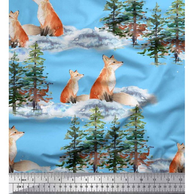 Soimoi Blue Satin Silk Fabric Fox & Pine Tree Decor Fabric Printed Yard 42 Inch Wide