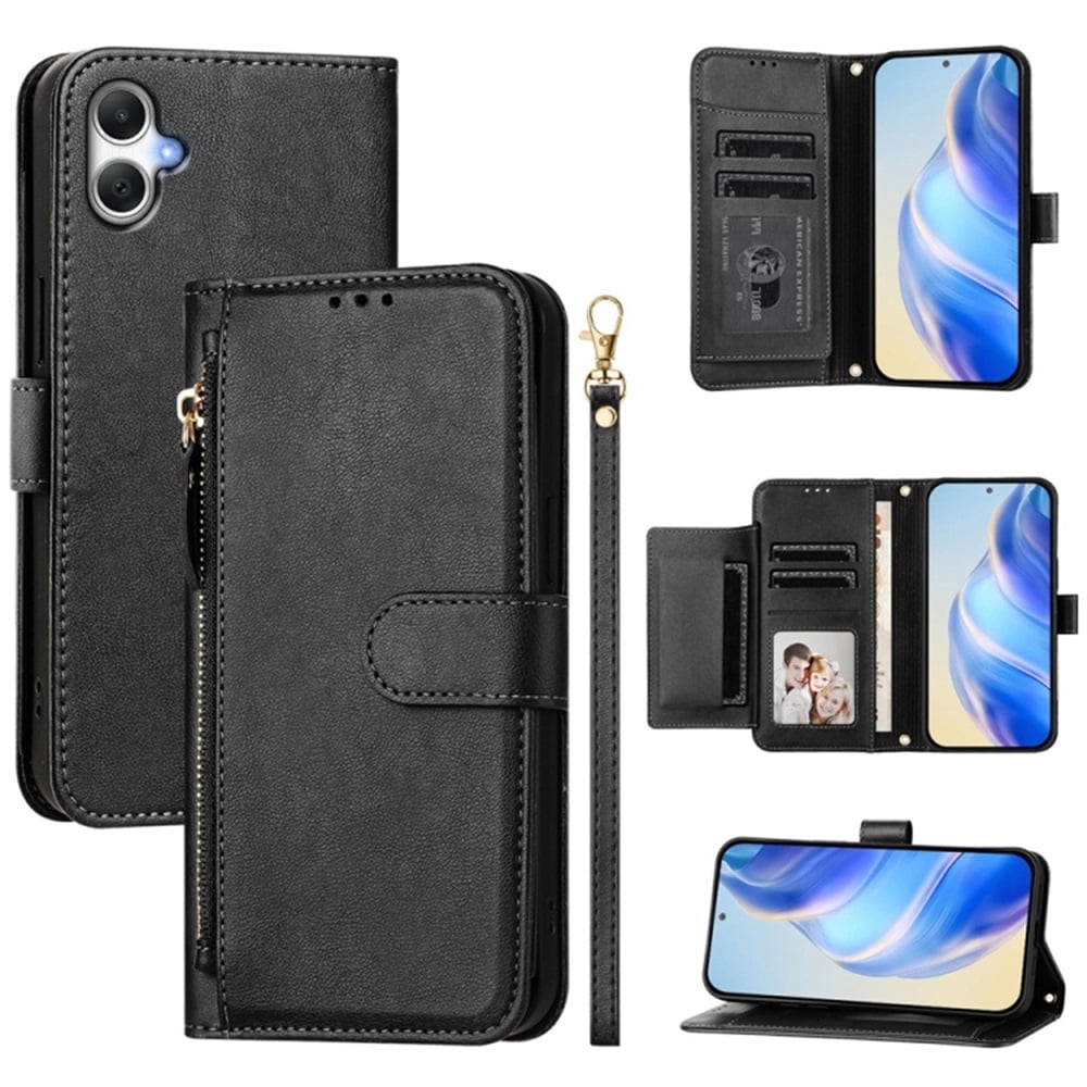 For Samsung Galaxy A06 4G / 5G 6.7-inch Wallet Case for Women Men Multi-Card Slots Zipper Wallet Leather Phone Case,Black,For Galaxy A06 4G / 5G