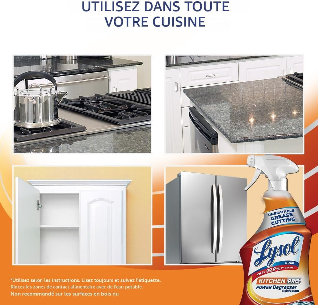 Nettoyant antibactérien de cuisine Lysol, dégraissant puissant Kitchen-Pro, dégraissage imbattable, 650 ml