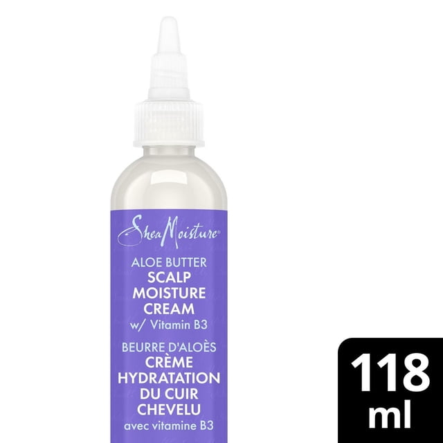 SheaMoisture Aloe Butter Scalp Moisture Cream with Vitamin B3 in a 118 ml white plastic bottle with a pointed applicator tip and a purple bilingual label in English and French, designed for scalp hydration and nourishment.