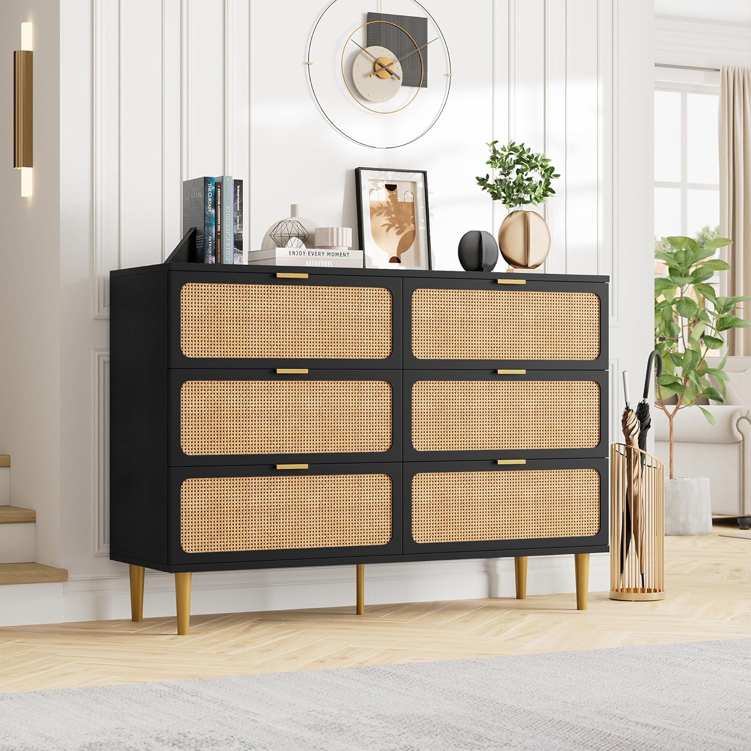 Twister.CK Rattan 6 Drawer Dresser for Bedroom, Large Double Dresser with Deep Drawers, Wooden Chest of Drawers for Closet with Wide Top, for Living Room, Hallway, Black