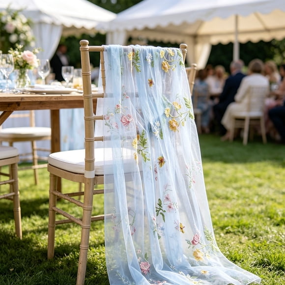 Chemin de Table en Polyester Transparent à Broderie Florale, Décor de Table Léger et Décoratif pour Table à Manger