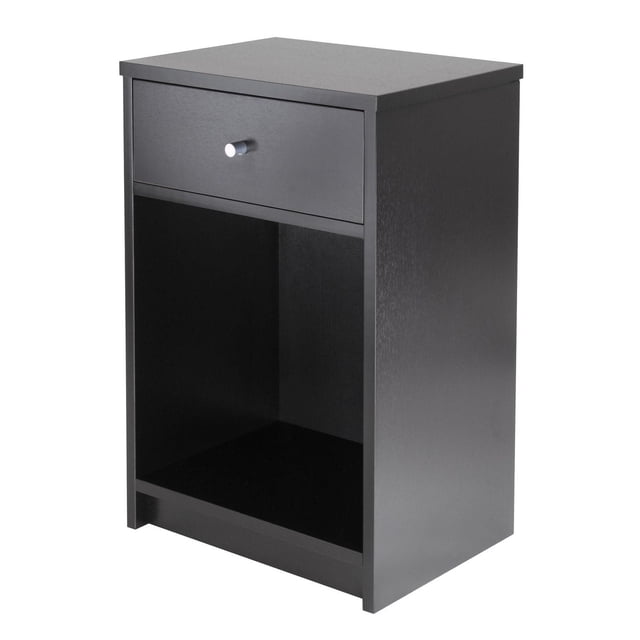Winsome Squamish Accent table in black composite wood with one drawer featuring a metal knob and an open lower shelf, designed as a bedroom nightstand offering functional storage and a minimalist style that fits various decor.