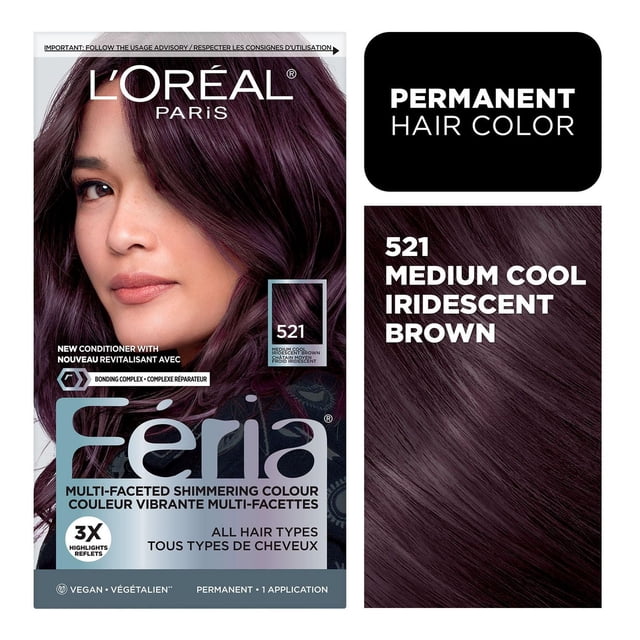 Oréal Paris Feria L' Teinture Capillaire Permanente en Teinte 521 Brun Moyen Froid Iridescent, avec une Coloration Permanente Chatoyante à Facettes Multiples avec Mèches 3X et Revitalisant Complexe de Liaison, Formule Végane Convenant à Tous les types de Cheveux pour des Cheveux Bruns Vibrants et aux Tons Frais.