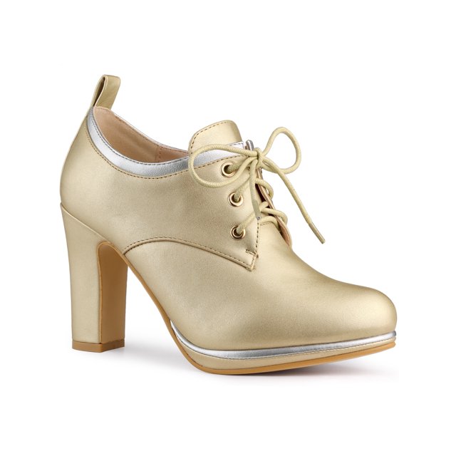 BLISSFUL STEP Women's Round Toe Platform Block High Heel Ankle Boots Gold (Size 7.5)