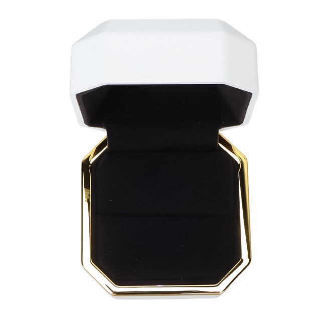 Engagement Ring Box, Exquisite Easy Cleaning LED Light Ring Box with elegant square design, featuring a white plastic exterior, black flocking interior, and gold accents. Built-in LED light enhances the sparkle of jewelry. Compact size of approximately 76x76x53mm, ideal for proposals, weddings, jewelry storage, or as a gift box.