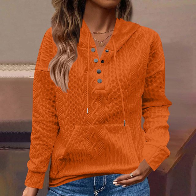 Mceream Hoodie Sweatshirts for Women Oversized Button Down Pullover Sweatshirt Texture Long Sleeve Sweater Fall Winter Clothes with Pocket Plus Size Pullover Loose Tops Sudadera Para Mujer Orange XL