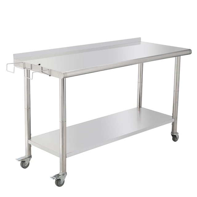 Table de Préparation en Acier Inoxydable Certifiée NSF - 60x24x35 Pouces - Tablette Inférieure Réglable, avec Roulettes, Garde Arrière, Bord Courbé, Support à Déchets Amovible, pour Cuisine, Maison et Brasserie