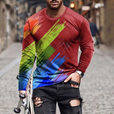 Meichang Long Sleeve T Shirt Men Graphic,Graphic Tees Men Casual 3D Optical Illusion Print T-Shirts Fashion Round Neck Daily Long Sleeve Shirts for Men
