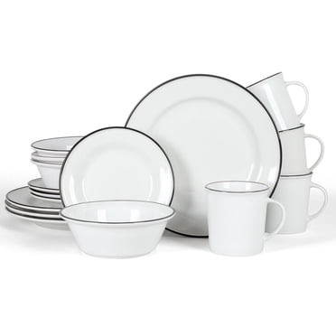 Martha Stewart Cliffield Service de table 16 pièces, bord noir, blanc, céramique fine