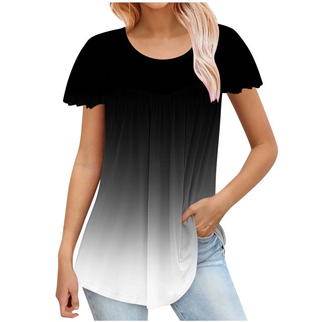 Besolor Hauts d'Été pour Femmes Tendance Dégradé Plissé Manches Courtes Chemises Décontractées Grande Taille Col Rond Blouse Habillée