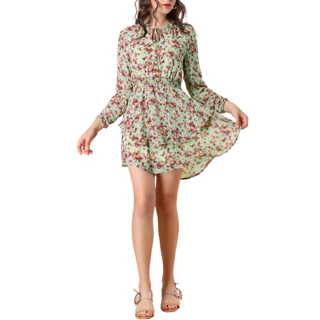 Unique Bargains Robe en Mousseline à Taille Smockée à Imprimé Floral Vintage pour Femme
