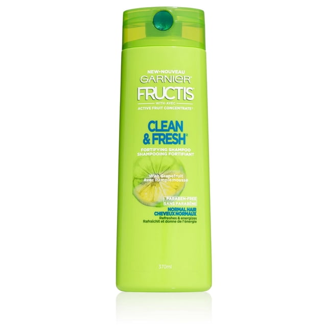 Garnier Fructis Clean & Fresh Shampooing en Bouteille Vert lime 370 ml avec Bouchon Rabattable Vert Translucide, avec Texte Bleu et Blanc Décrivant Sa Formule Fortifiante Sans Parabènes avec Extrait de Pamplemousse pour des Cheveux Normaux Qui Rafraîchissent et Énergisent Sans Résidu.