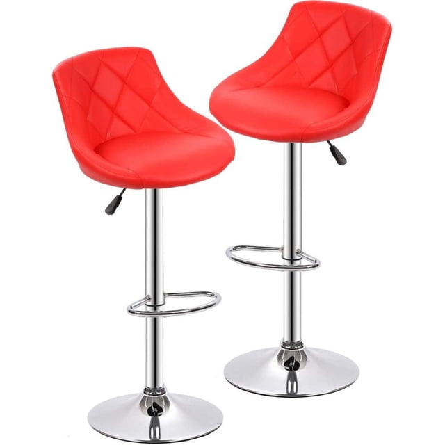 BestOffice Set of 2 Barstools with height-adjustable seats, PU leather upholstery in vibrant red, and ergonomic backrests. Each stool features a sturdy chrome base with a footrest and anti-skid rubber ring for floor protection. The seats swivel 360 degrees and adjust between 24.8 to 32.7 inches, making them ideal for kitchen counters, dining areas, or home bars. Often used as seating for breakfast nooks or casual dining spaces.