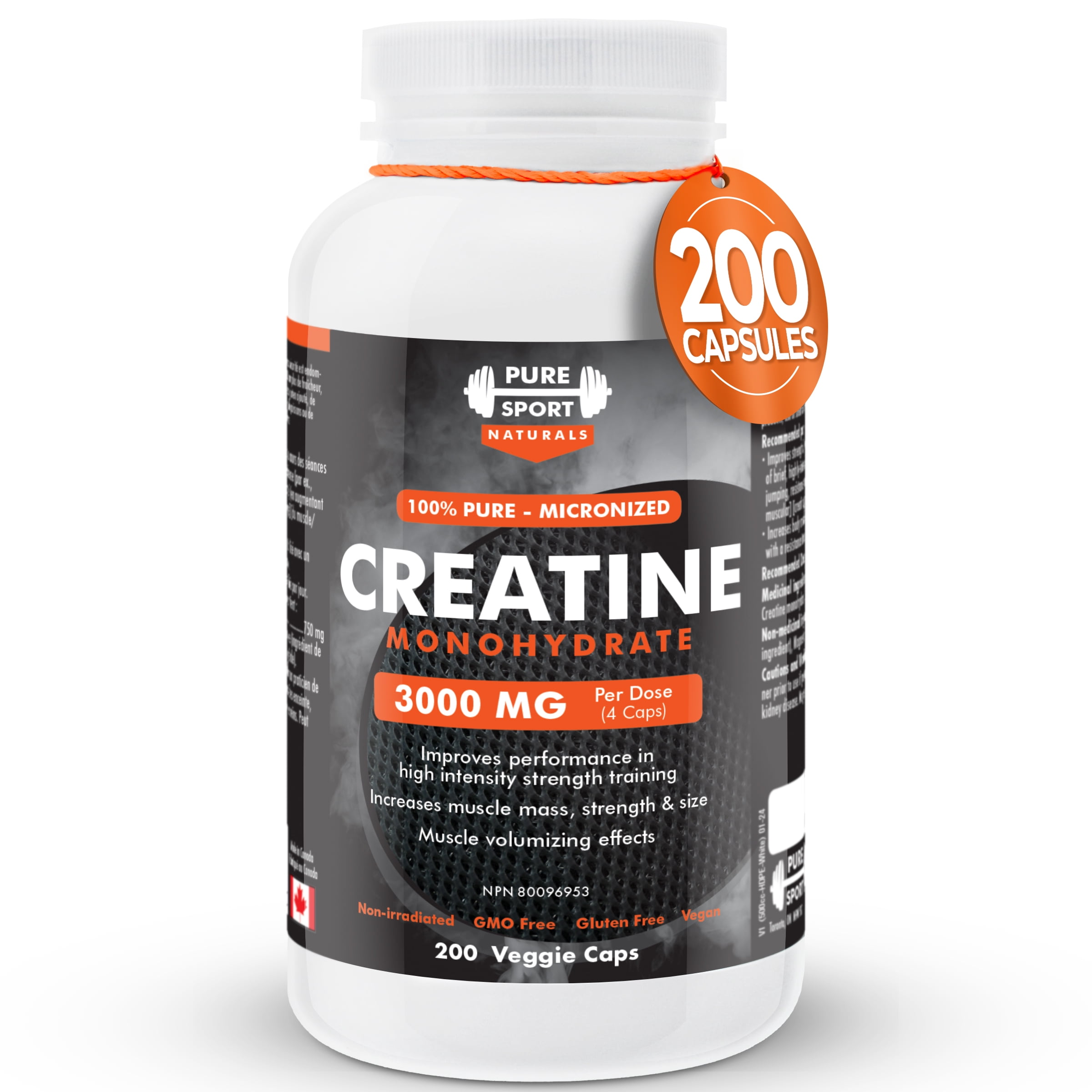Capsules de Créatine Monohydrate – 200 Unités / Pilules de Créatine 100 % Pures pour la Croissance Musculaire, la Force et la Performance / Formule à Haute Absorption de 3000 Mg / Approvisionnement de 50 Jours / Fabriqué au Canada