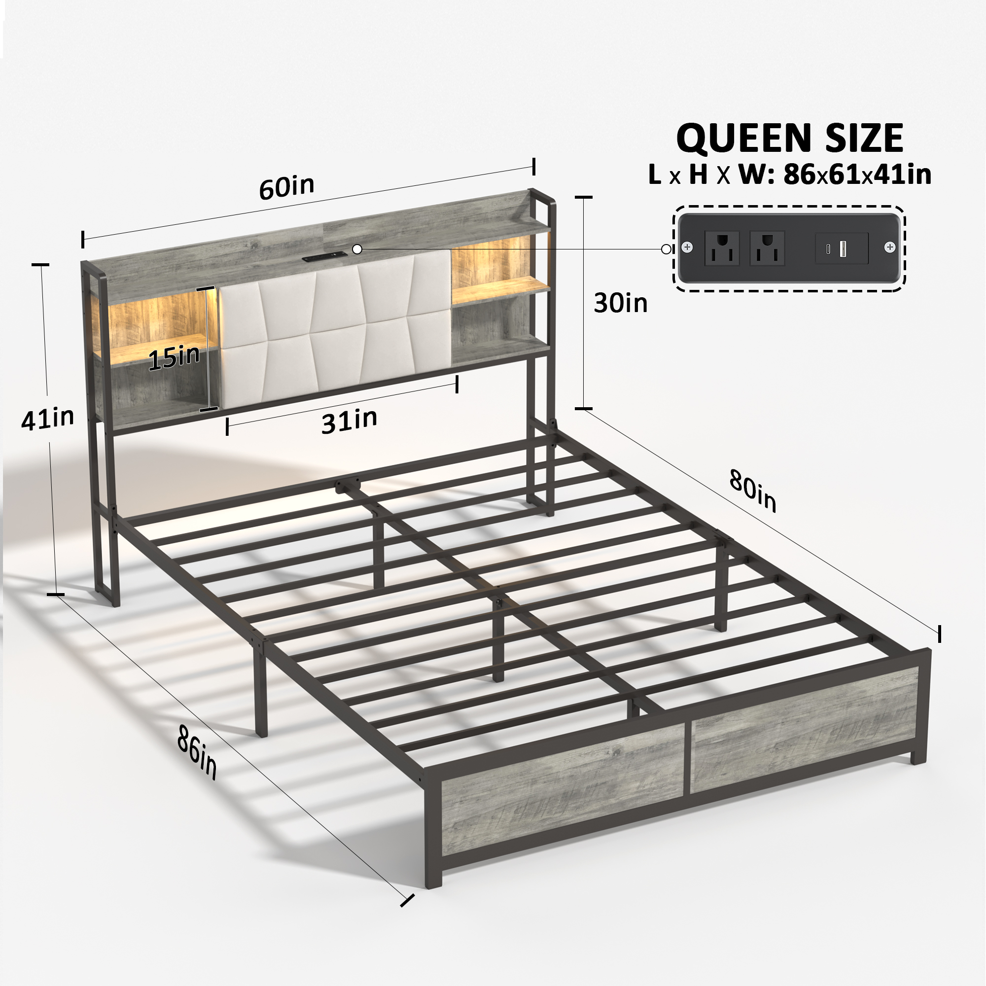 Noble House Queen Upholstered Platform Bed,LED Bookcase Headboard with Charging Station & Storage,Beige + White
