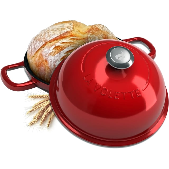 Enameled Cast Iron Bread Pan With Lid 9 Piece Complete Bread Baking Set | Dutch Oven for Bread Baking | 10 Inch Bread Oven with Lid | Thick Enamel | Silicone Baking Mat | Banneton | 6 Quart(Red)
