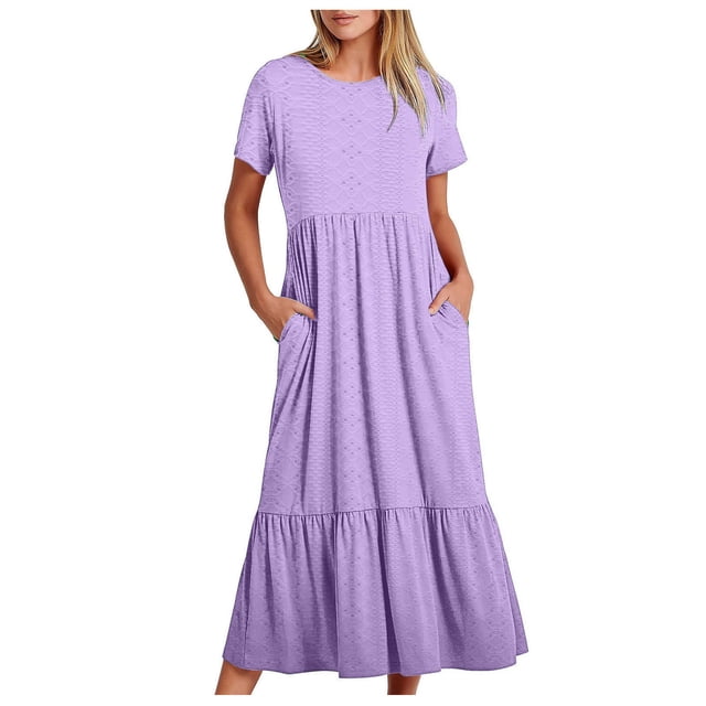 Meichang Robes d'Été pour Femmes 2024 Robes Midi à Oeillets Volants à Étages Col Ras du Cou Manches Courtes Robes avec Poches Couleur Unie Fluides Robes de Plage Violet TTG