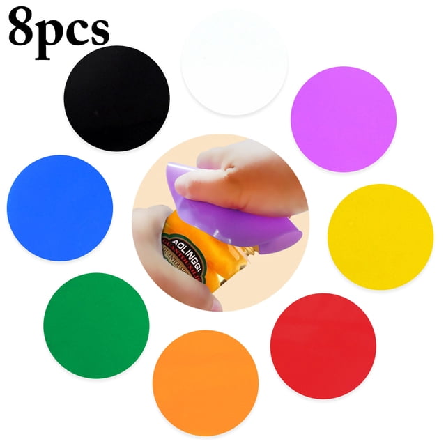 8PCS Silicone Jar Openers Universal Bottle Opener Pads Jar Gripper Pads in multicolor, ideal kitchen tools for opening jars with ease. Includes eight round silicone pads, each 12.5cm (4.92in) in diameter and 0.1cm (0.039in) thick, with a non-slip, polished double-sided surface for increased friction. Each color—black, white, purple, blue, green, orange, yellow, and red—is represented once. Center image shows a hand using a purple pad to open a jar.