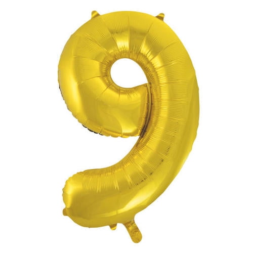 GOLD 9 BALLOON 34" featuring a large gold foil number 9 balloon with a reflective metallic surface, inflated and upright on a white background, ideal for birthday party supplies and helium or air inflation, often used as photo props or combined with other number balloons for milestone celebrations.