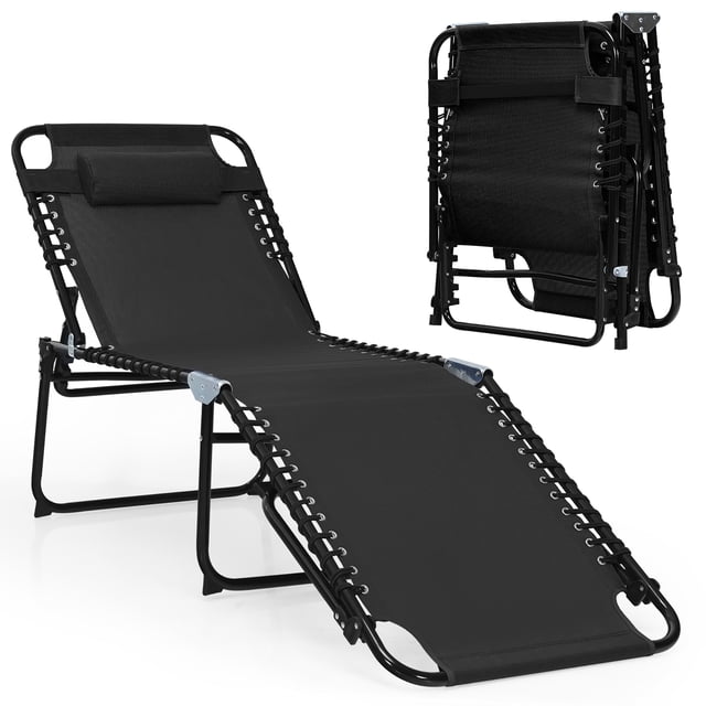Costway Chaise Longue Pliante Inclinable de 16 Pouces de Hauteur avec Dossier et Repose-Pieds Réglables, Chaise Longue Noire Orientée vers l'Avant avec Tissu Respirant et Cadre en Acier Enduit de Poudre, Appuie-Tête Amovible, Dossier à 4 Positions et Repose-Pieds à 2 Positions, Pattes en U avec Patins Antidérapants, Profil compact Pliable Convenant à la Plage, au patio Ou au camping; Hauteur d'Assise de 16 Pouces.