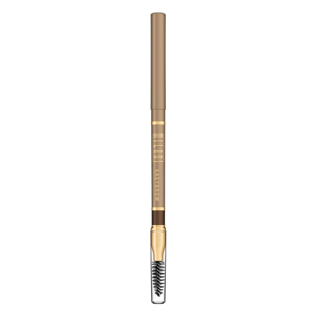 Milani Easy Brow Pencil dark brown with an automatic retractable tip and attached spoolie brush under a clear cap, designed for smooth, water-resistant eyebrow definition, filling, and grooming in makeup application.